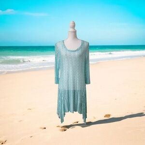COCO‎ & CARMEN AQUA & WHITE SHEER HANDKERCHIEF MINI DRESS SWIM COVERUP XXL